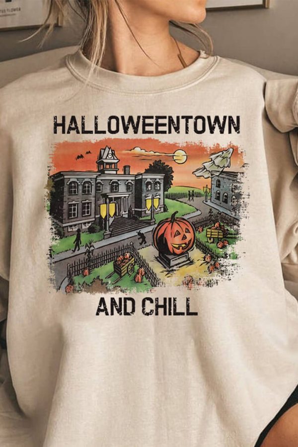 Toperth Khaki Halloweentown and Chill Crewneck Sweatshirt