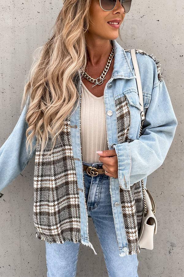 Toperth Casual Denim Stitching Plaid Jackets