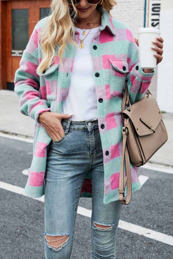 Toperth Lapel Plaid Plush Button-Up Jacket