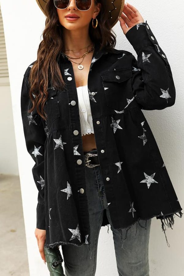 Toperth Stars Print Pockets Denim Jacket