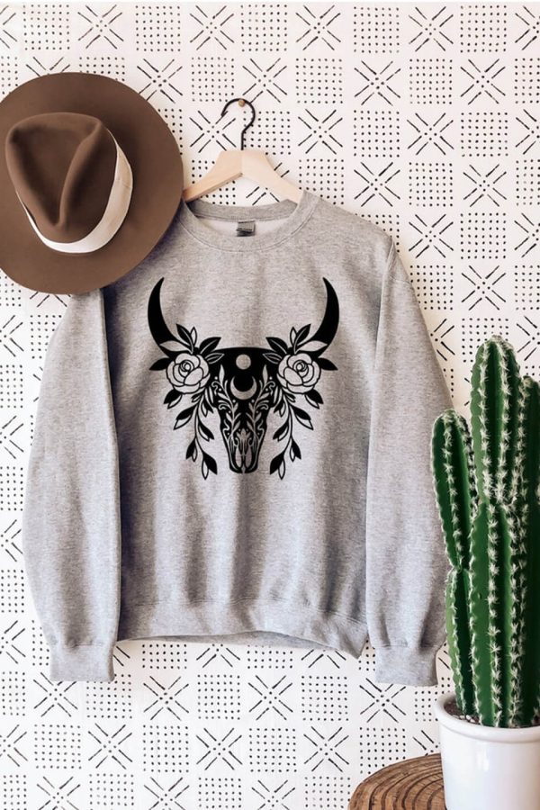 Toperth Western Boho Cow Skull Roses Sweatshirt