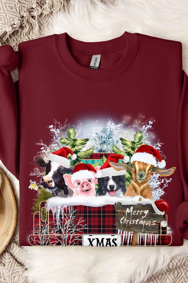 Toperth Christmas Farm Animals Buffalo Plaid Truck Sweatshirt