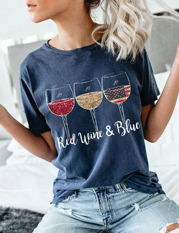 Toperth Red Wine & Blue 4th of July Vintage T-Shirt