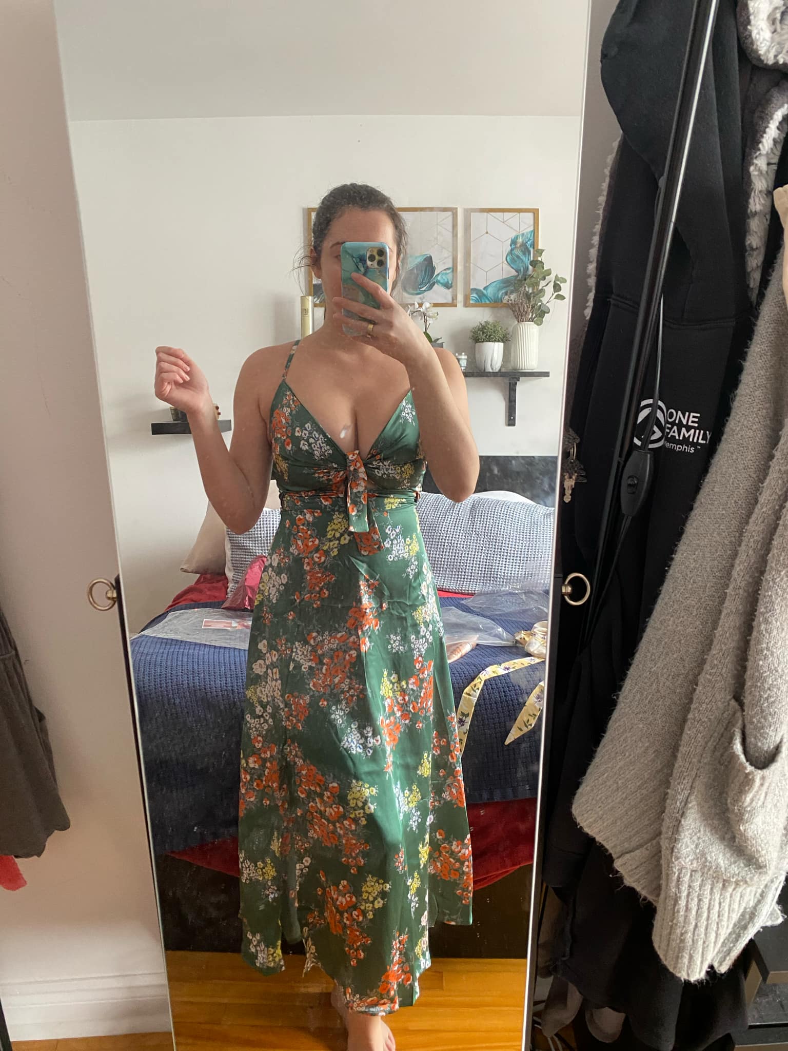 Click to view full screen Toperth Green Floral Satin Tie-Front Cut-Out Midi Dress photo review