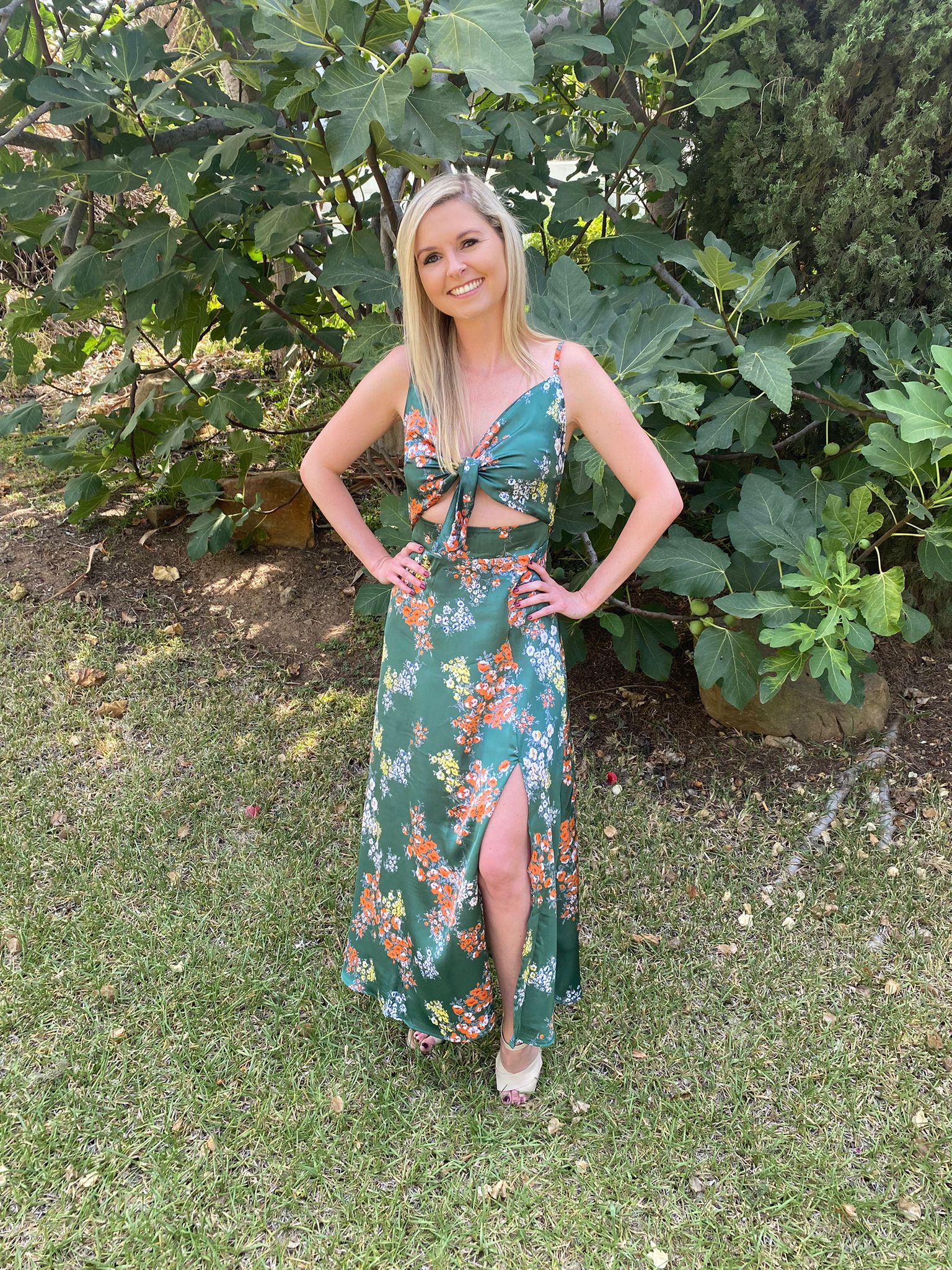 Click to view full screen Toperth Green Floral Satin Tie-Front Cut-Out Midi Dress photo review