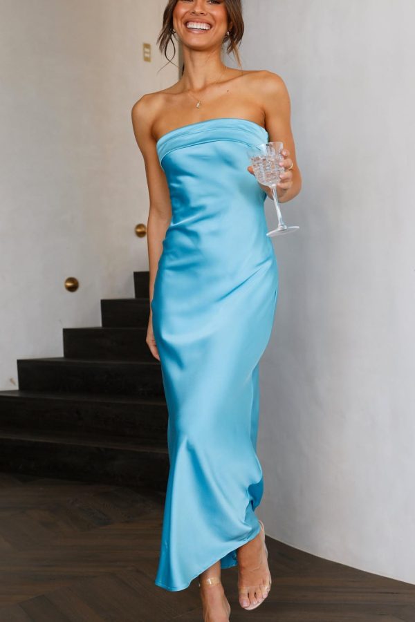 Toperth Blue Satin Strapless Cowl-Back Maxi Dress