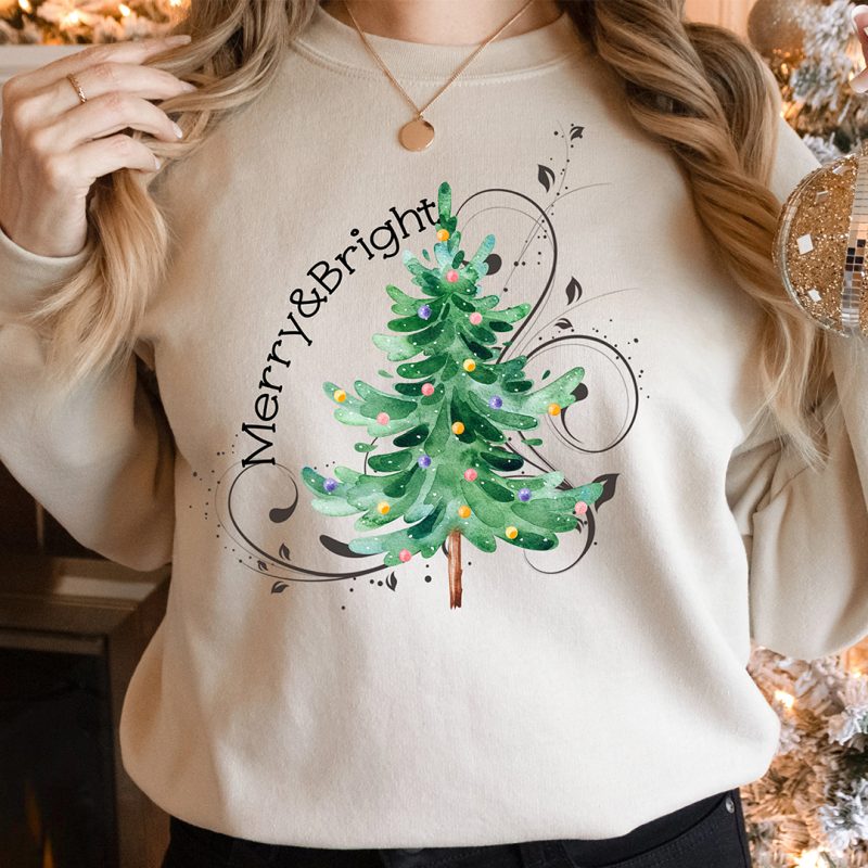 TH01193-KHAKI Toperth Merry and Bright Christmas Tree Sweatshirt – Toperth