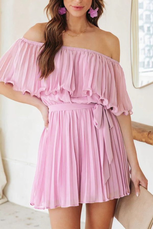 Toperth Solid Pleated Off-Shoulder Waist Tie Romper