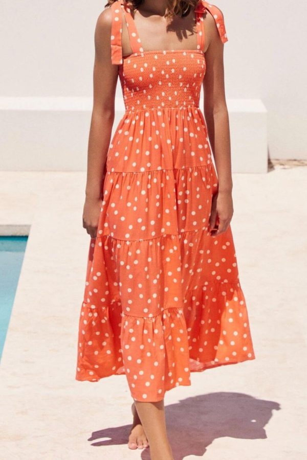 Toperth Polka Dot Print Halter Straps Tied Maxi Dress