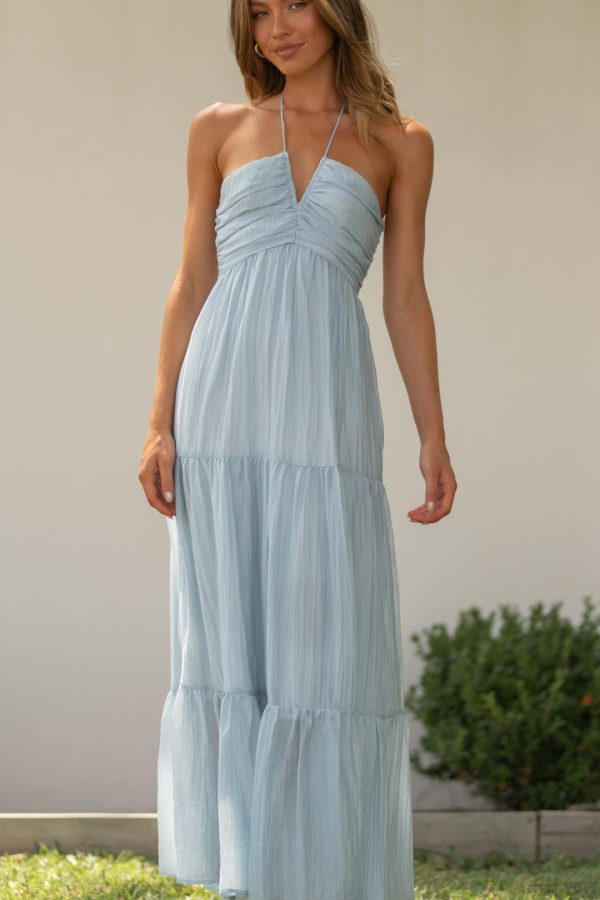 Toperth Bright Blue Ethereal Sheer Halter Tie Maxi Dress