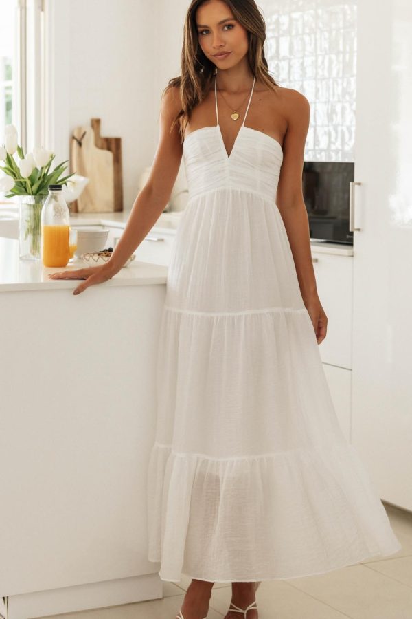 Toperth Angelic White Ethereal Sheer Halter Tie Maxi Dress