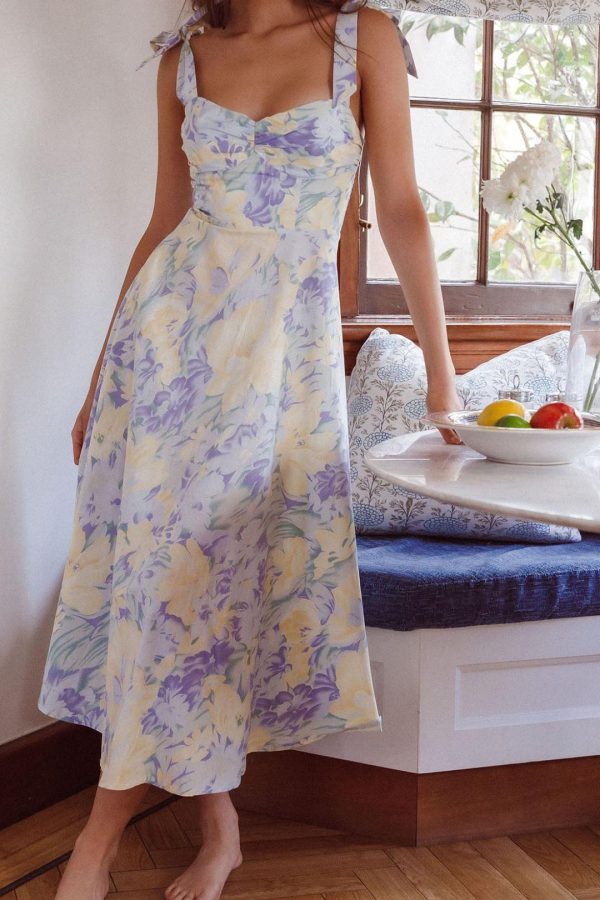 Toperth Purple Floral Printed Tied Shoulder Midi Dress
