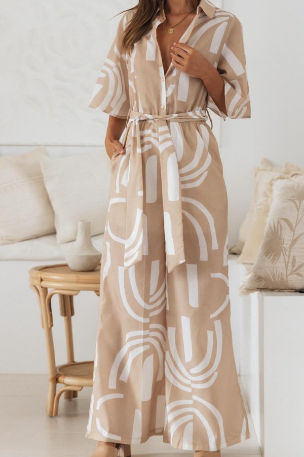 Toperth Sand and White Detachable Belt Patterned Jumpsuit