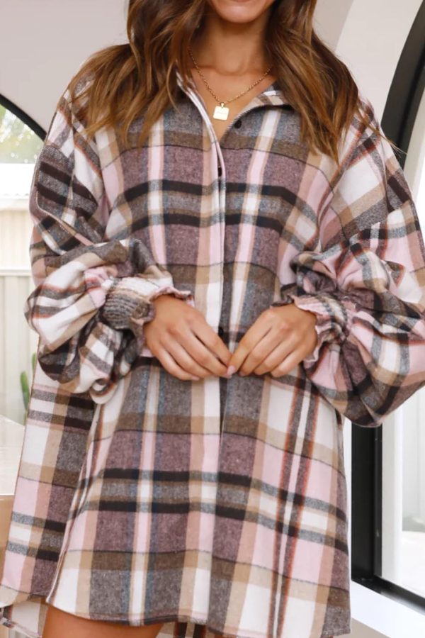 Toperth Oversized Balloon Sleeve Check Shirt Dress