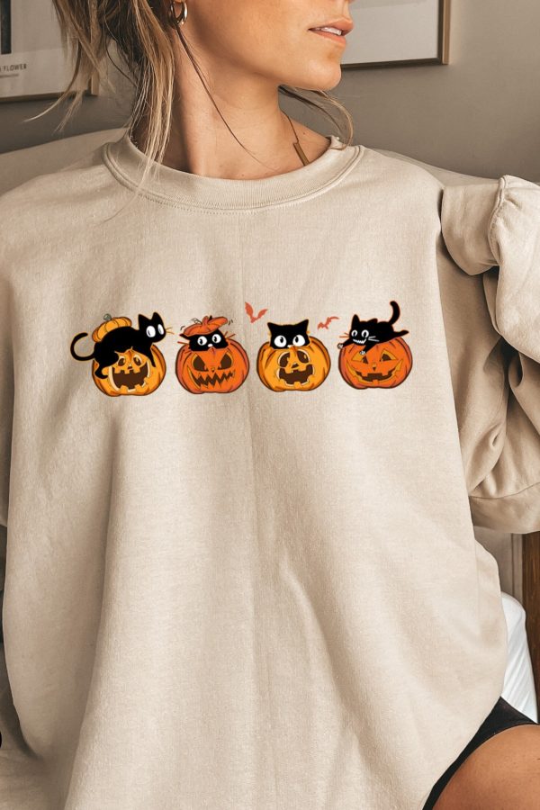 Toperth Halloween Spooky Black Cat and Pumpkin Sweatshirt