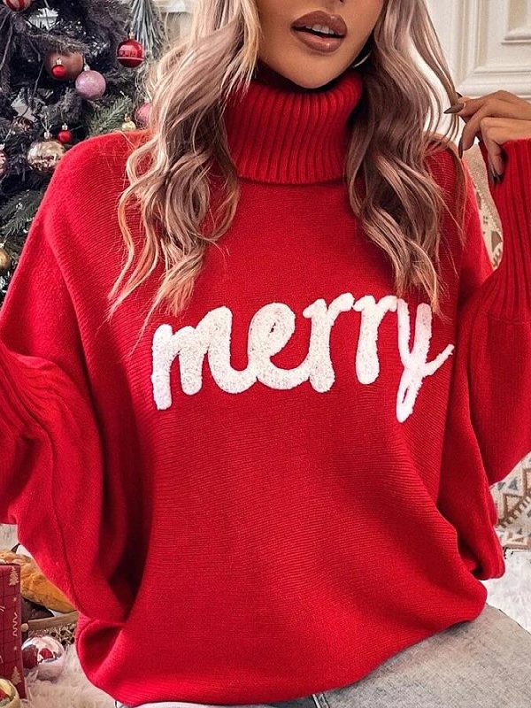 Toperth Red High-Neck Merry Pattern Turtleneck Sweater