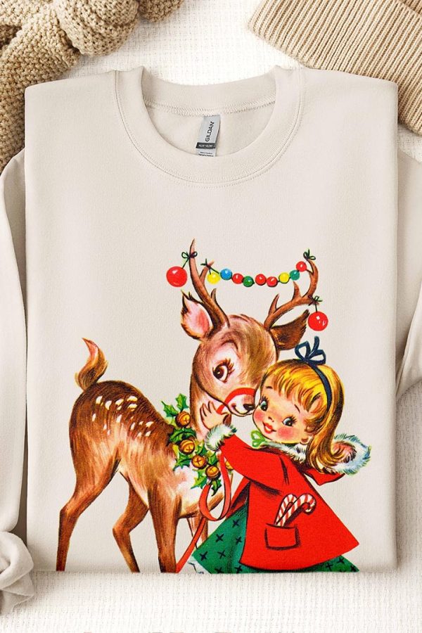 Toperth Vintage Cute Christmas Girl and Reindeer Sweatshirt