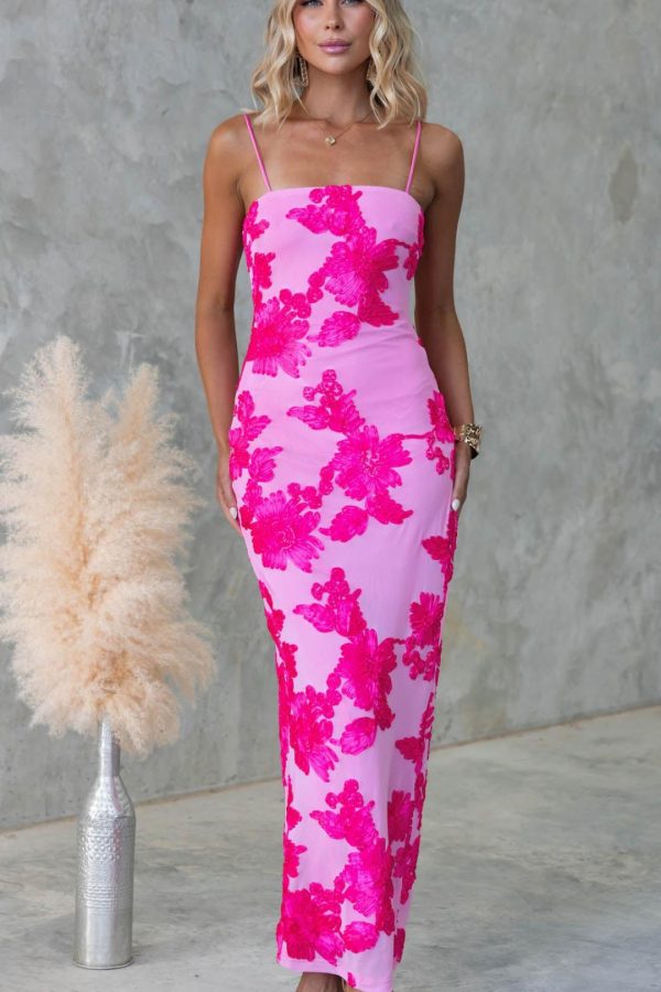 Toperth Pink Embroidered Floral Mesh Maxi Dress