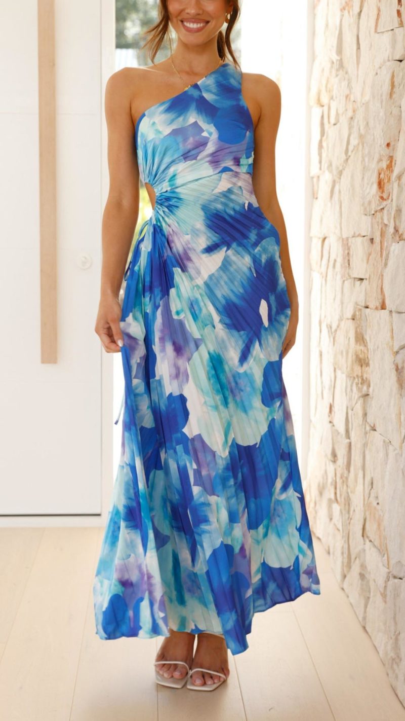 Toperth Blue Floral Pleated One Shoulder Maxi Dress &ndash; Toperth