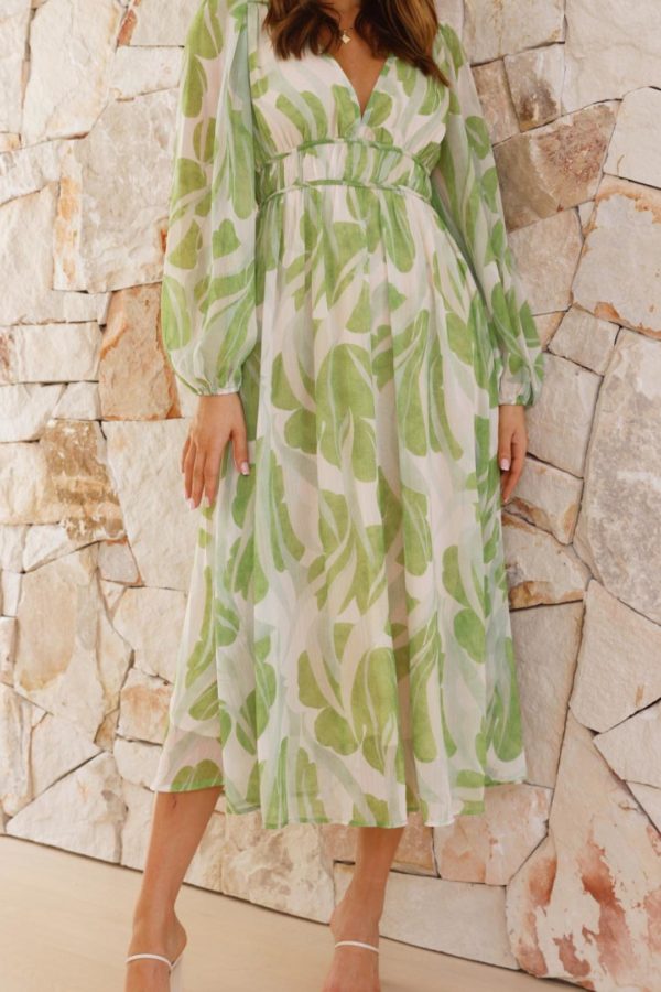 Toperth Green Leaf Print Midi Dress