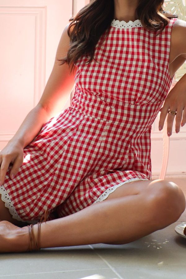 Toperth Red Gingham Lace Romper