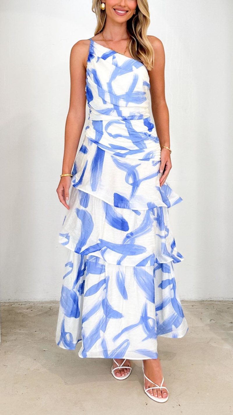TH02462-1 Toperth Vibrant Blue Brushstroke One-Shoulder Maxi Dress – Toperth