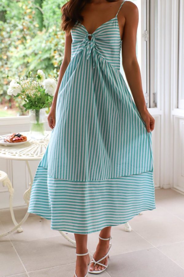 Toperth Green Striped Tie-Front Midi Dress