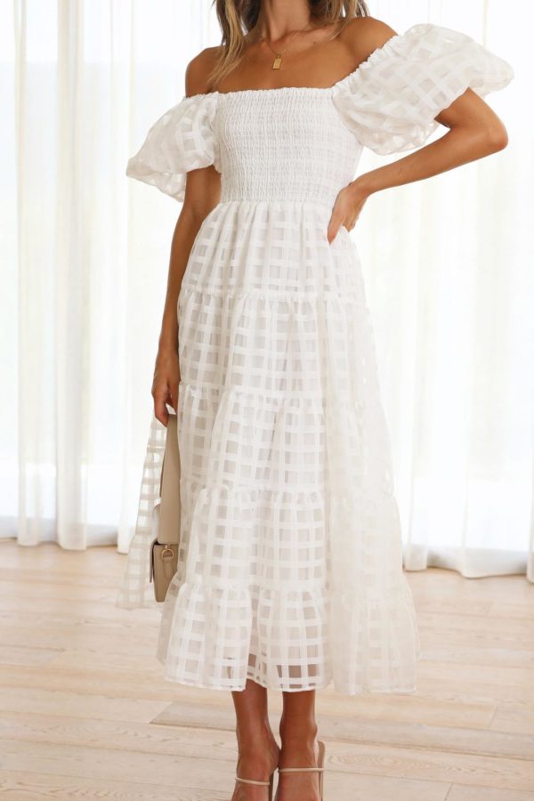 Toperth White Off-Shoulder Shirred Puff Sleeve Maxi Dress
