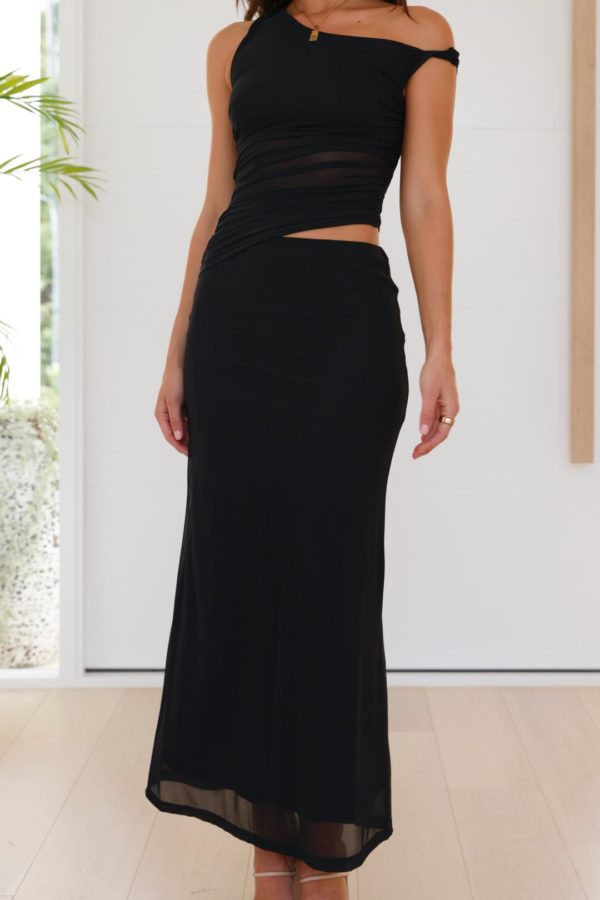 Toperth Black Twisted Strap Cut-Out Ruched Mesh Maxi Dress