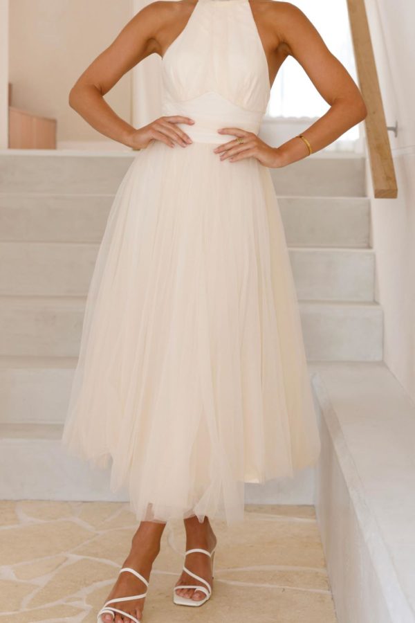Toperth Beige Halter Tulle Midi Dress