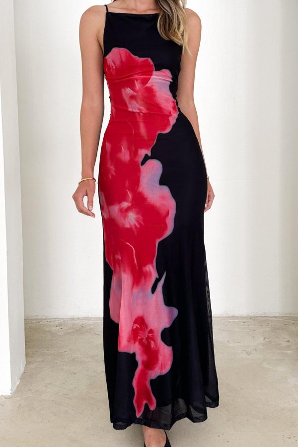Toperth Black Bold Floral Cut-Out Stretch Maxi Dress
