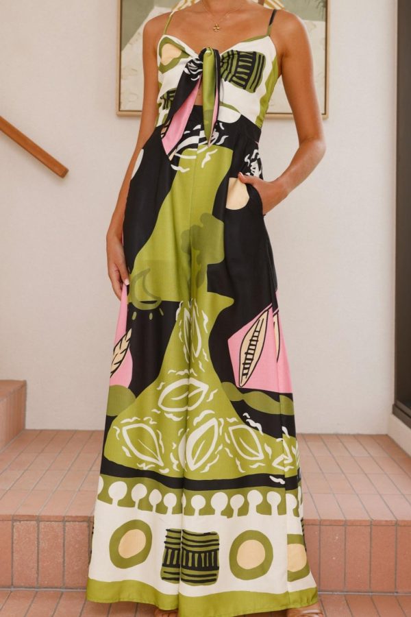 Toperth Green Printed Tie Front Wide Leg Jumpsuit