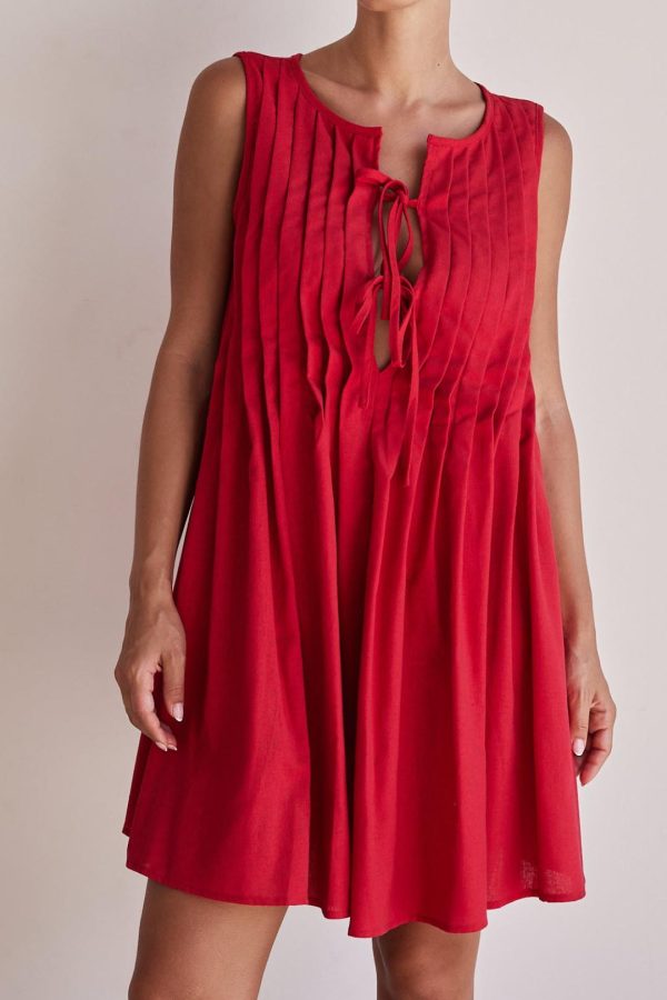 Toperth Red Pleated Tie-Front Mini Dress