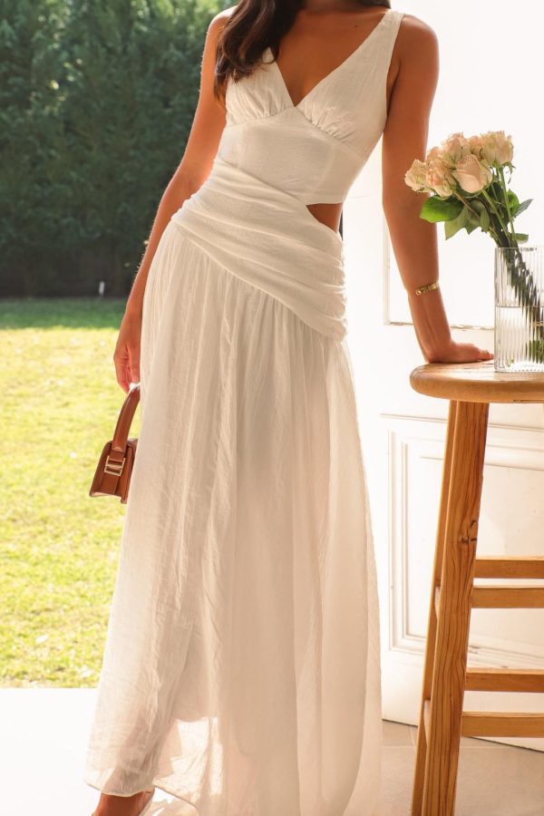 Toperth White V-Neck Side Cut-Out Maxi Dress