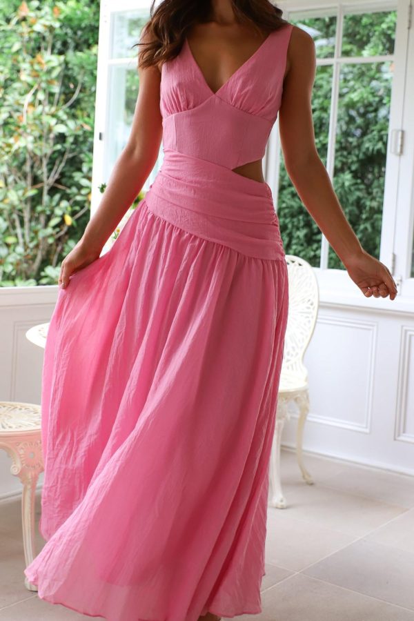 Toperth Pink V-Neck Side Cut-Out Maxi Dress