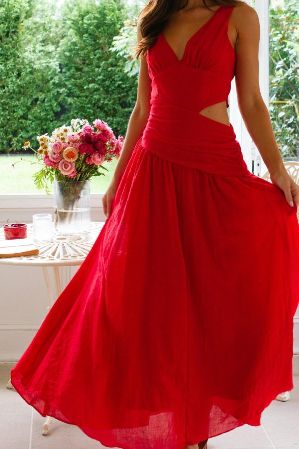 Toperth Red V-Neck Side Cut-Out Maxi Dress