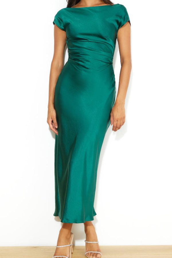 Toperth Emerald Side-Zip Silky Midi Dress