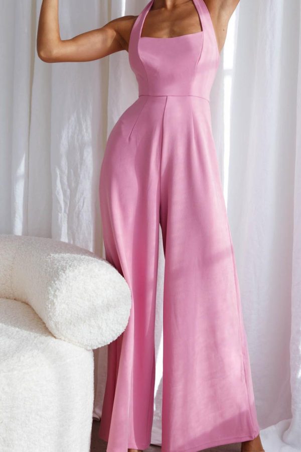 Toperth Pink Fuchsia Wide-Leg Halter Jumpsuit