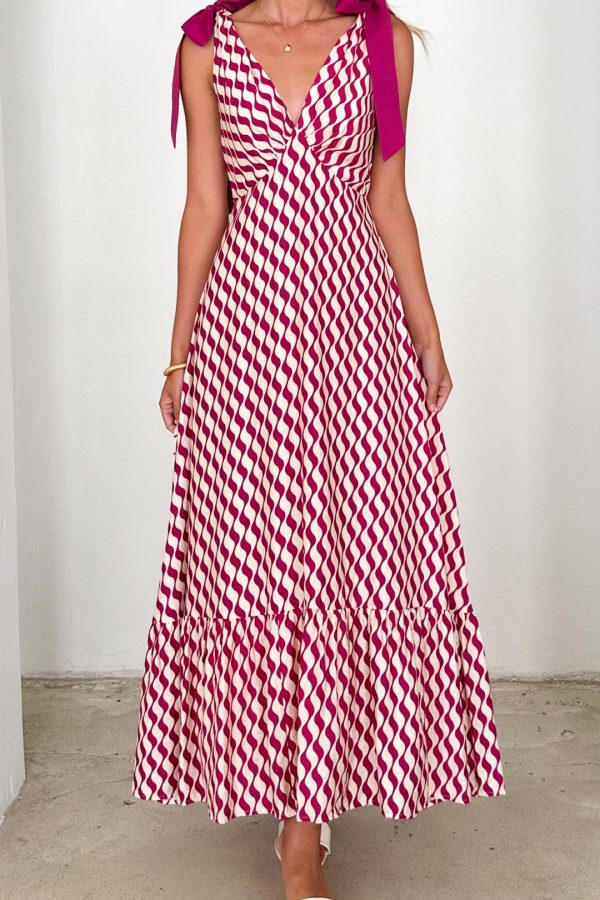 Toperth Tie Shoulder Magenta Wave Maxi Dress