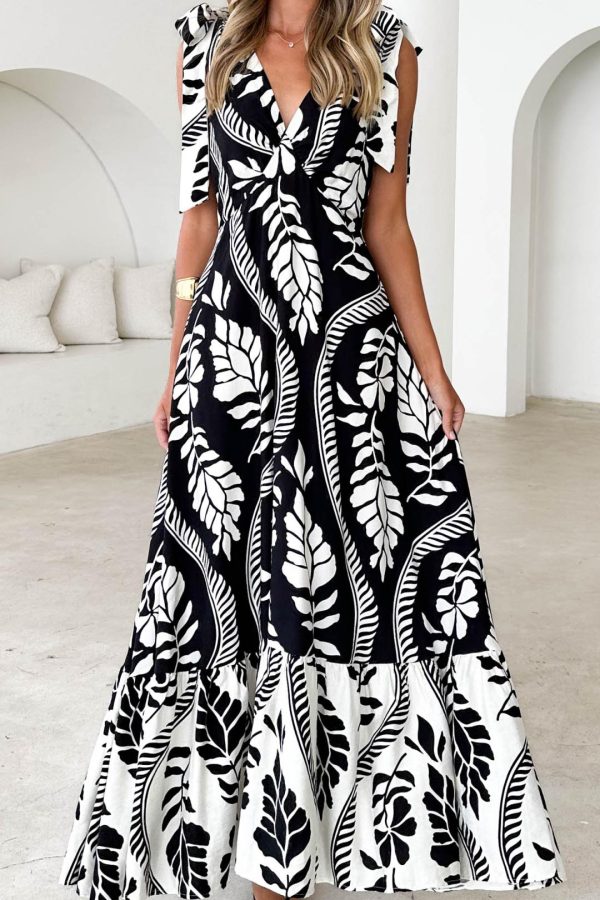Toperth Black Botanical Tie Sleeve Maxi Dress