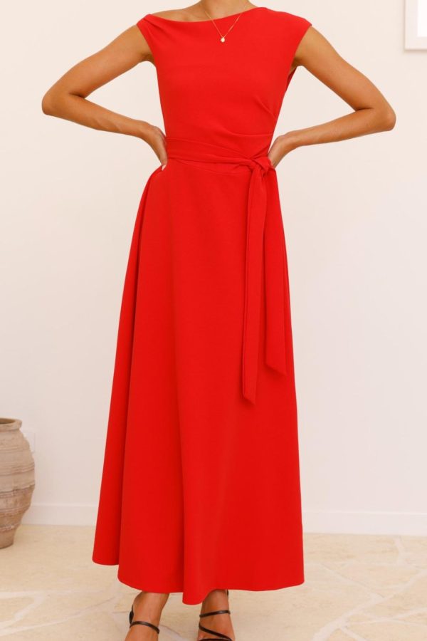 Toperth Red Off-the-Shoulder Detachable Waist Tie Maxi Dress