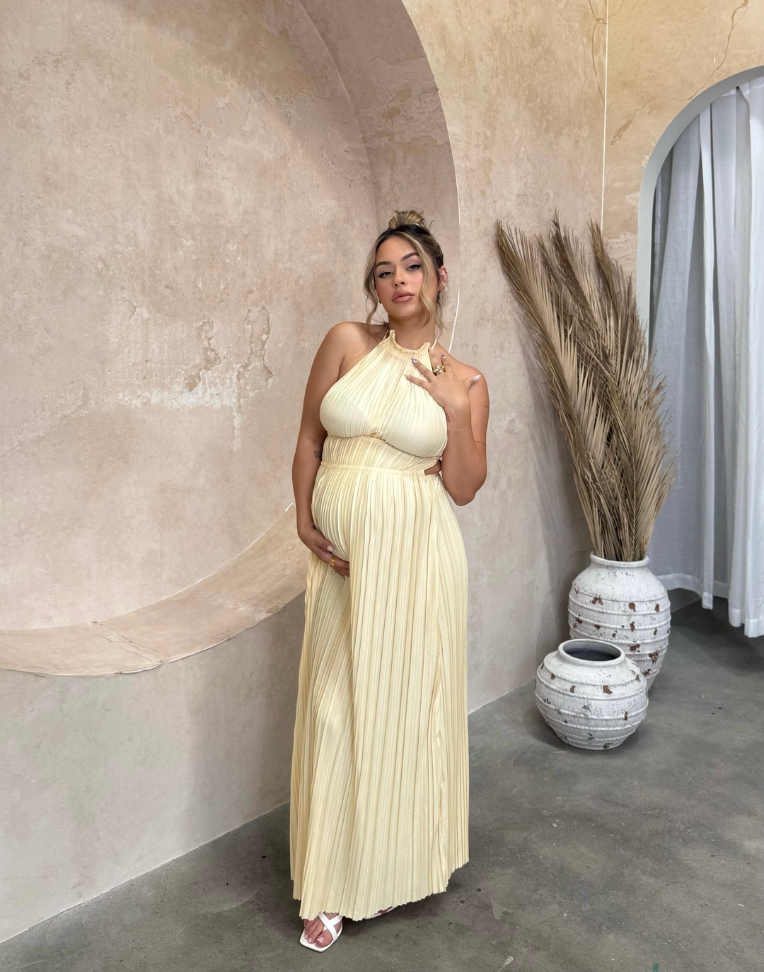 Click to view full screen Toperth Yellow Pleated Halter Open-Back Maxi Dress photo review