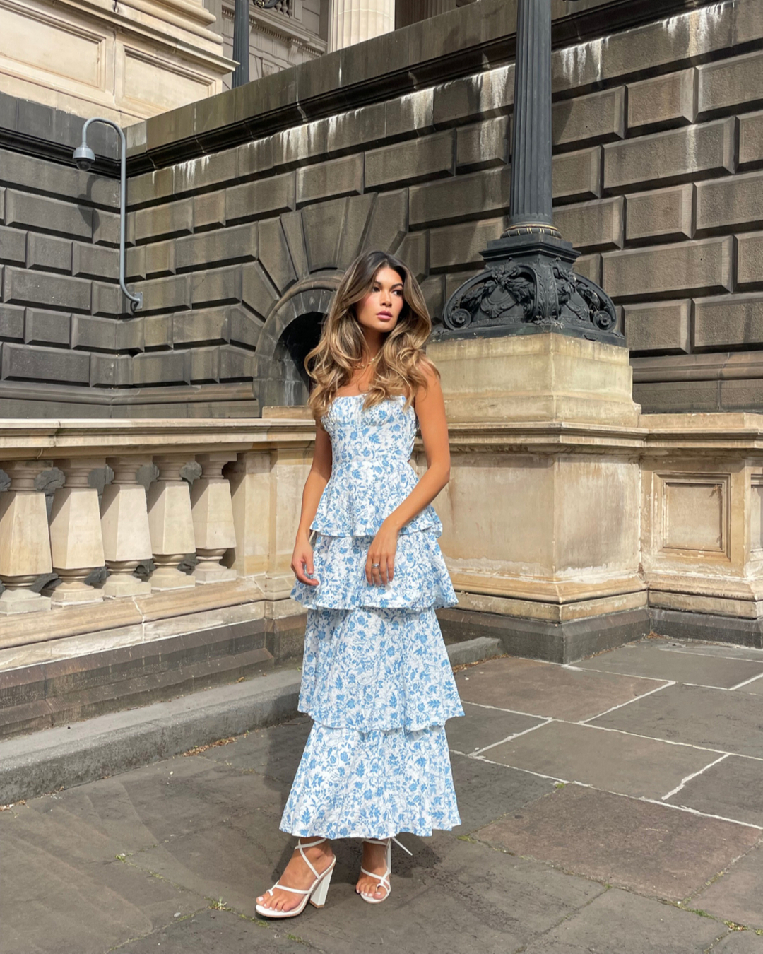 Click to view full screen Toperth Blue Floral Tiered Ruffle Bow-Back Maxi Dress photo review
