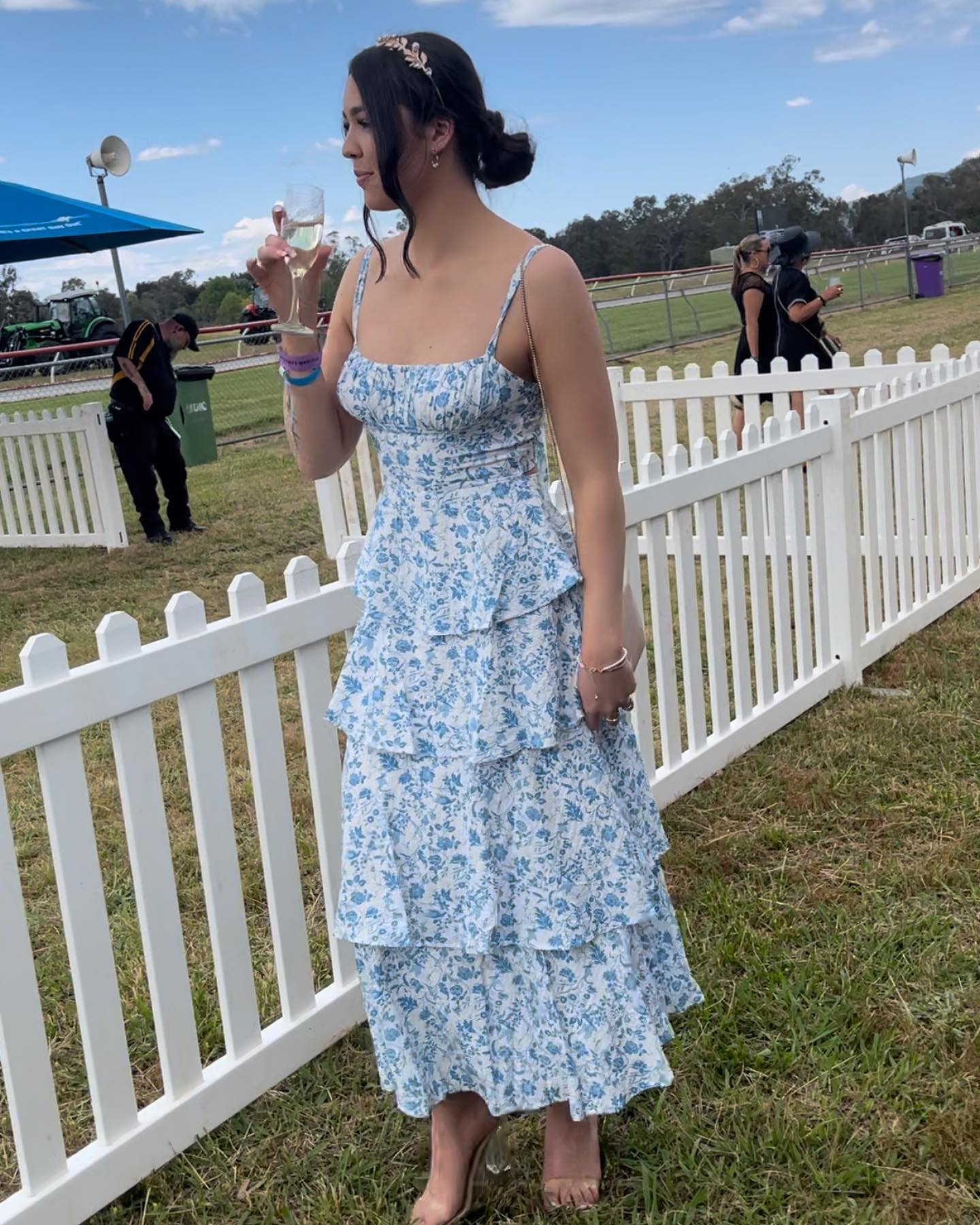 Click to view full screen Toperth Blue Floral Tiered Ruffle Bow-Back Maxi Dress photo review