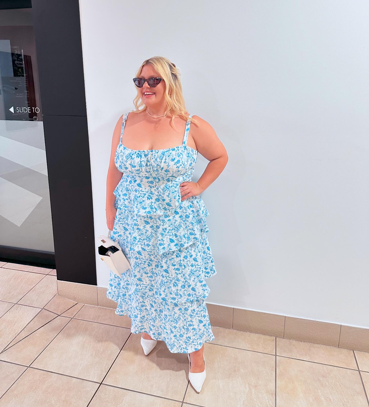 Click to view full screen Toperth Blue Floral Tiered Ruffle Bow-Back Maxi Dress photo review