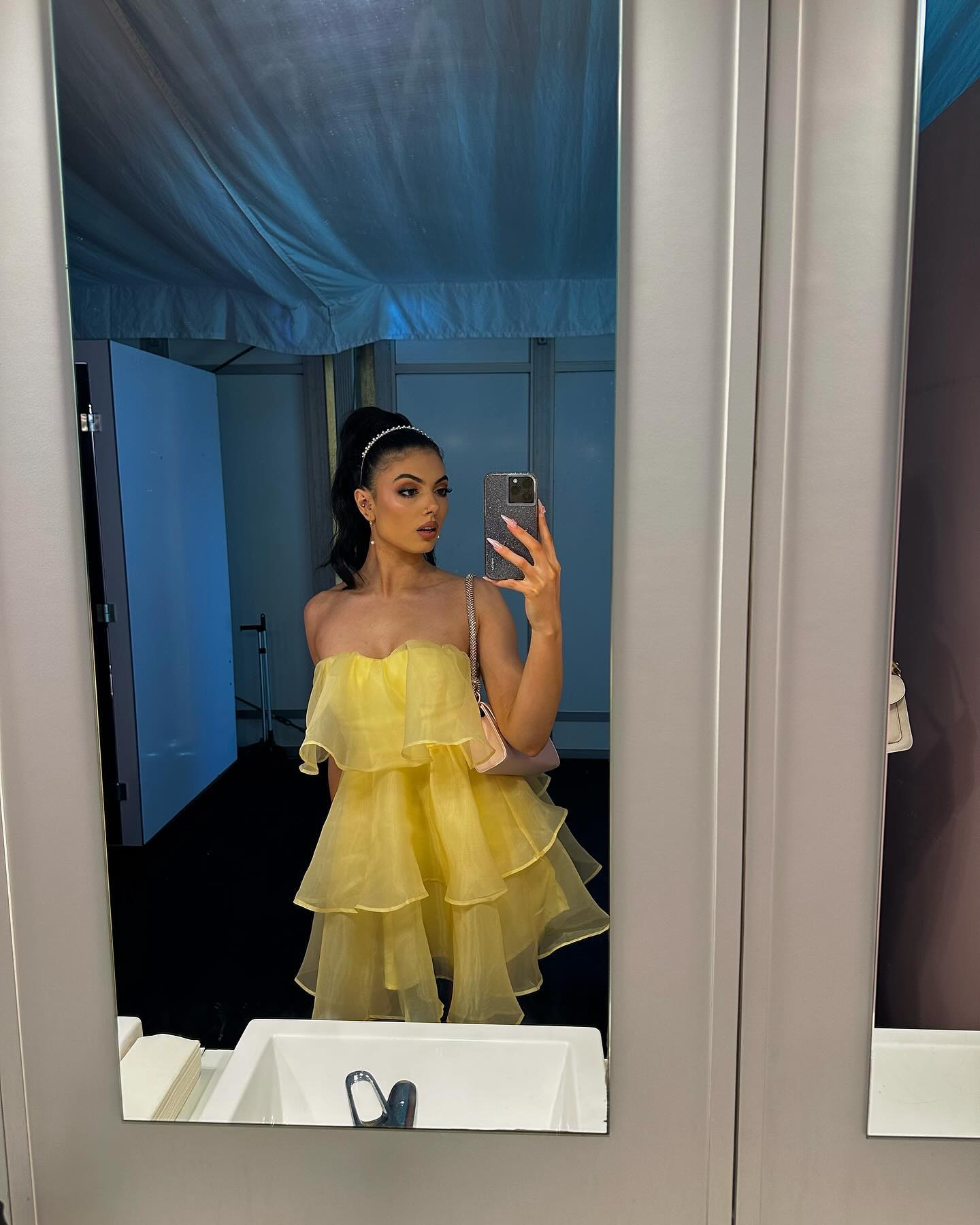 Click to view full screen Toperth Yellow Strapless Tiered Ruffle Mini Dress photo review