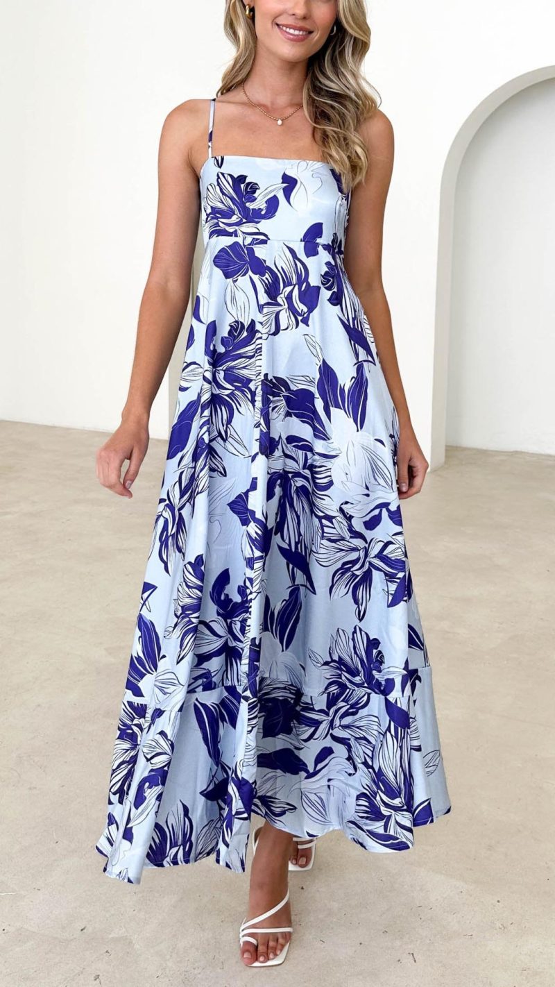 Toperth Blue Floral Print Strappy Maxi Dress &ndash; Toperth