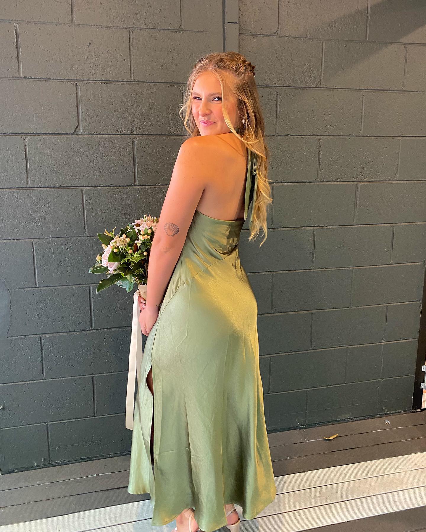 Click to view full screen Toperth Olive Satin Halter Maxi Dress photo review
