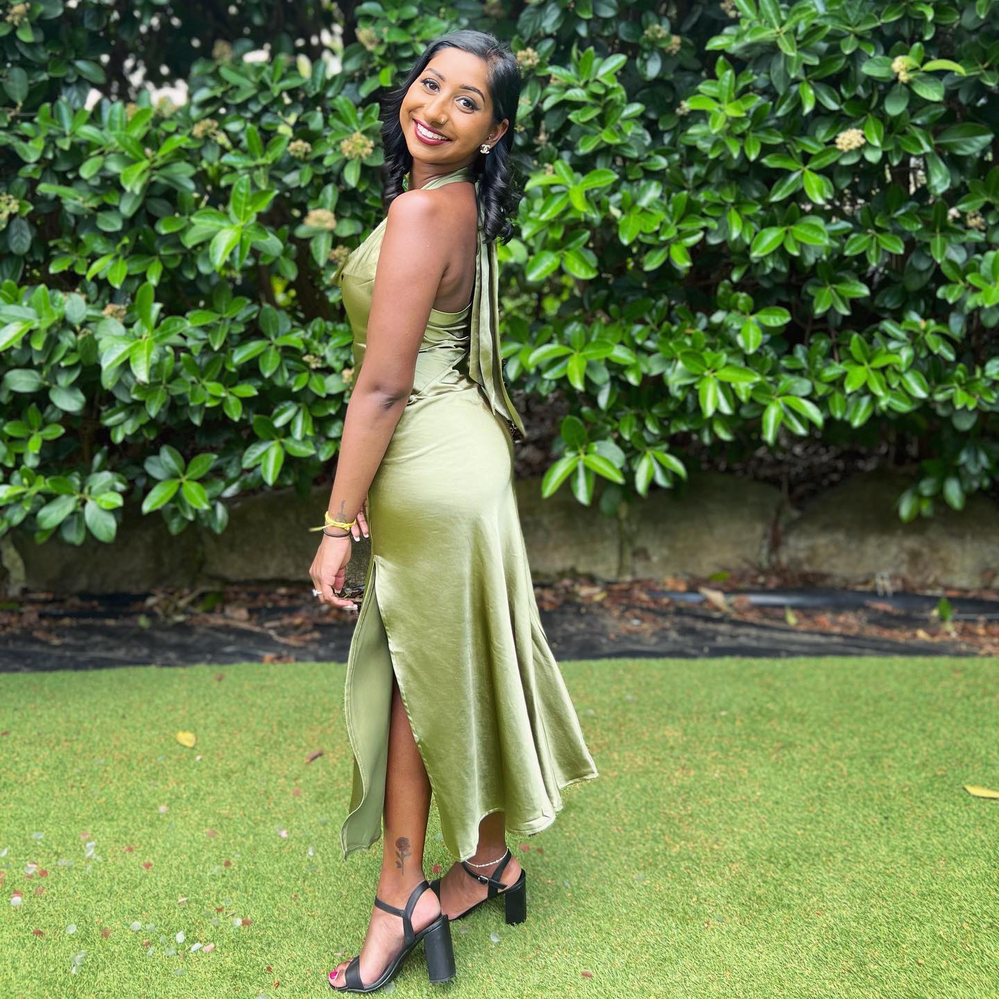 Click to view full screen Toperth Olive Satin Halter Maxi Dress photo review