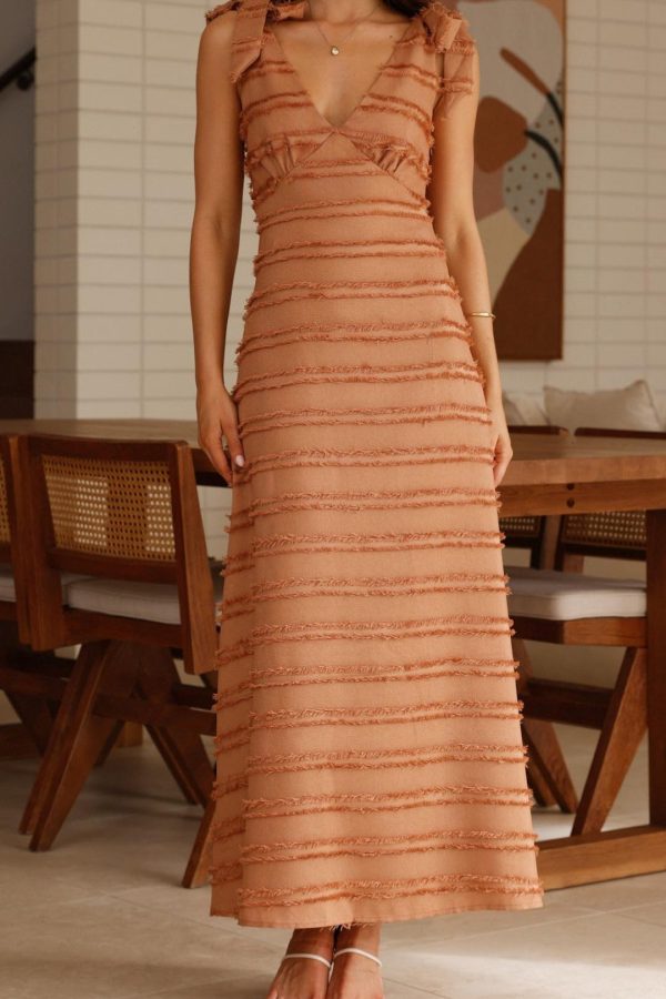 Toperth Brown Textured Ruffle Tie Strap Maxi Dress